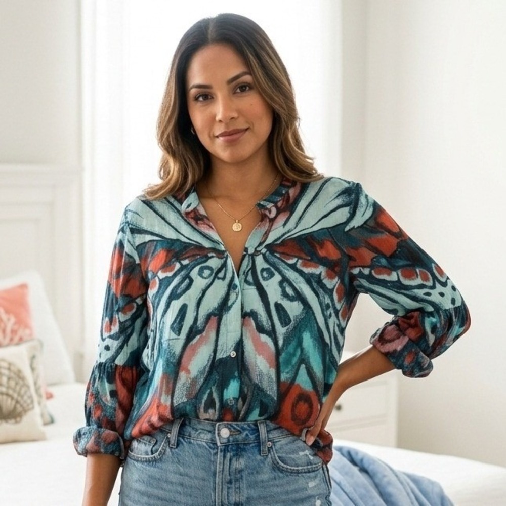 Chicos Butterfly Wing Print Modal Blouse Teal red Size 2 L 12/14